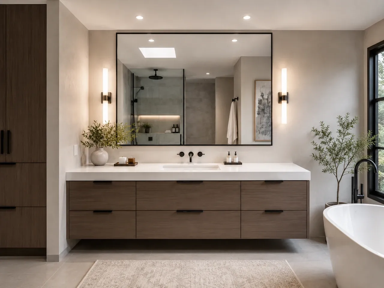 Custom double vanity with white quartz top and a freestanding tub in a Sarasota, FL bathroom