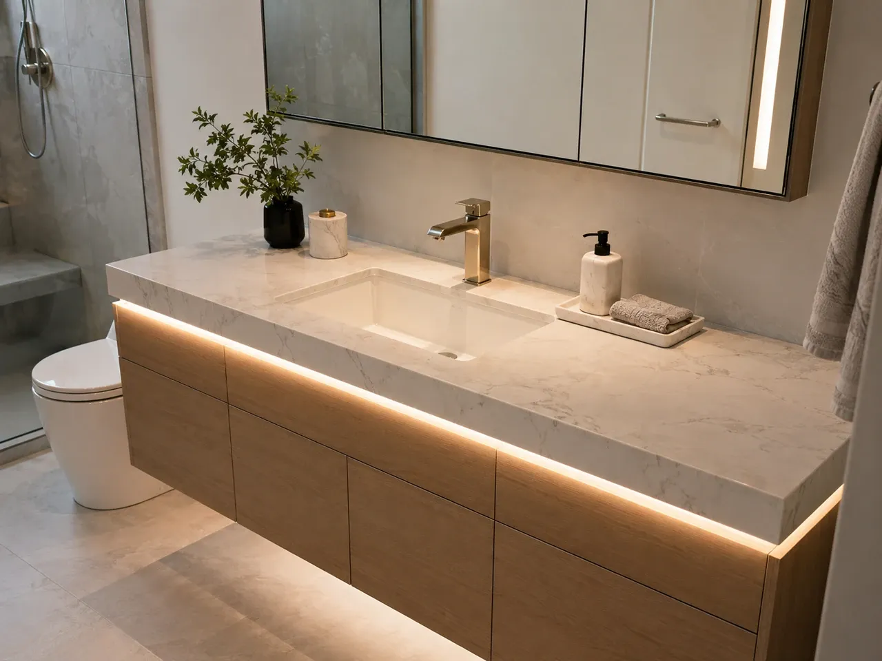 Floating vanity with a marble waterfall countertop and gold faucet in a Sarasota, FL bathroom