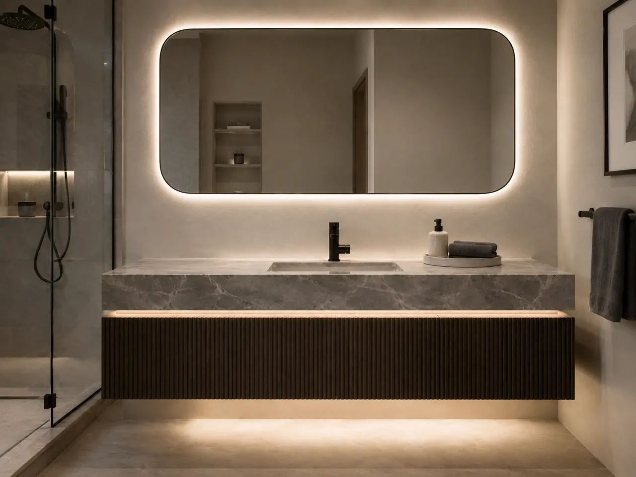 Fluted floating vanity with a backlit mirror in a Sarasota, FL bathroom
