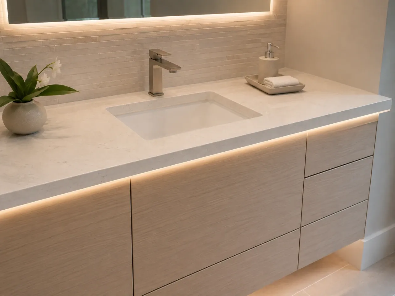 Light-oak floating vanity with a quartz countertop and soft-close drawers in a Sarasota, FL bathroom