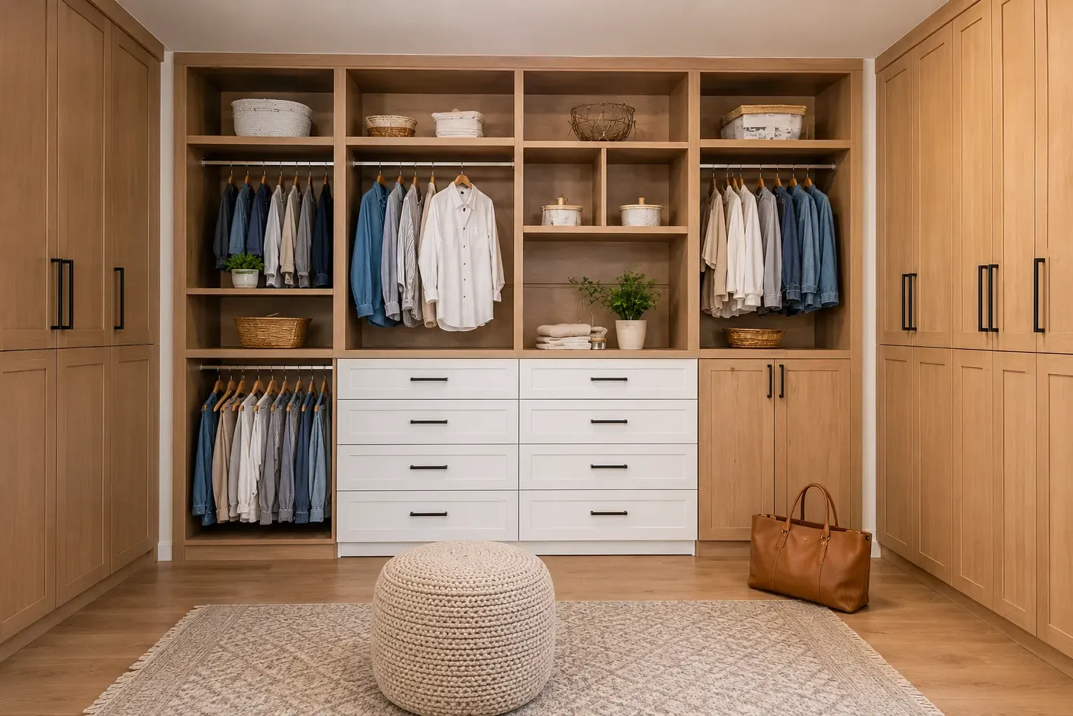 Custom light-wood built-in cabinetry with white drawers and shelving in Sarasota, FL