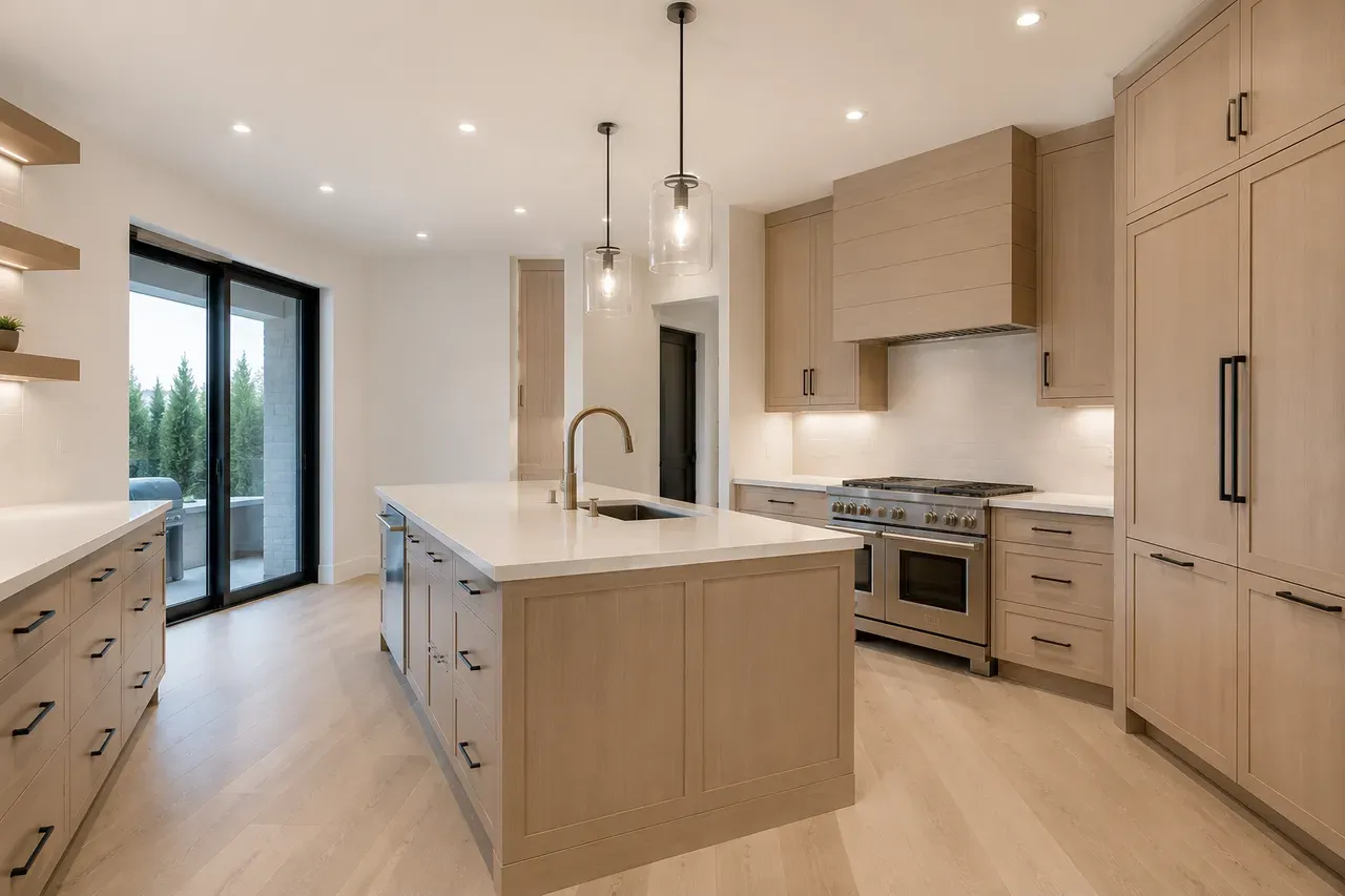 Modern kitchen with custom light-wood cabinetry and a quartz island in Sarasota, FL