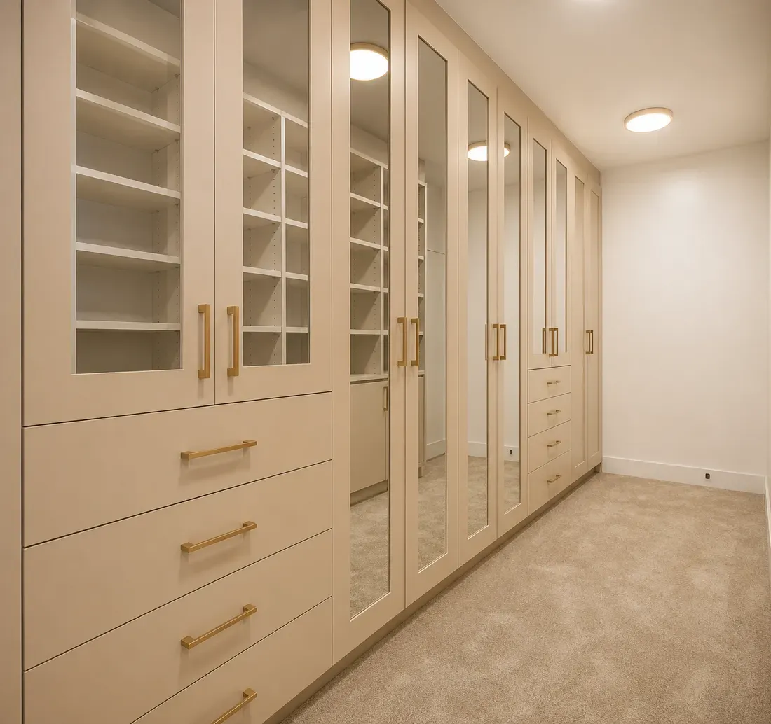 Finished custom built-in wardrobe with glass-front cabinetry and gold hardware in Sarasota, FL