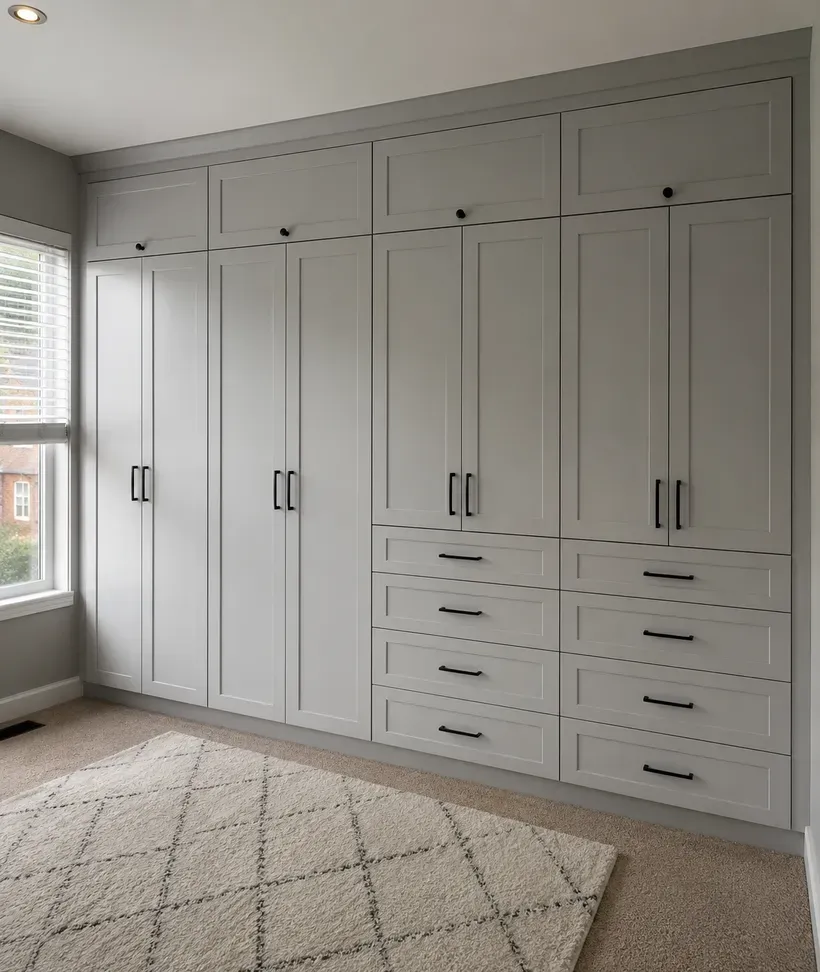 Custom built-in wardrobe closet with shaker cabinetry, drawers and black hardware in Sarasota, FL