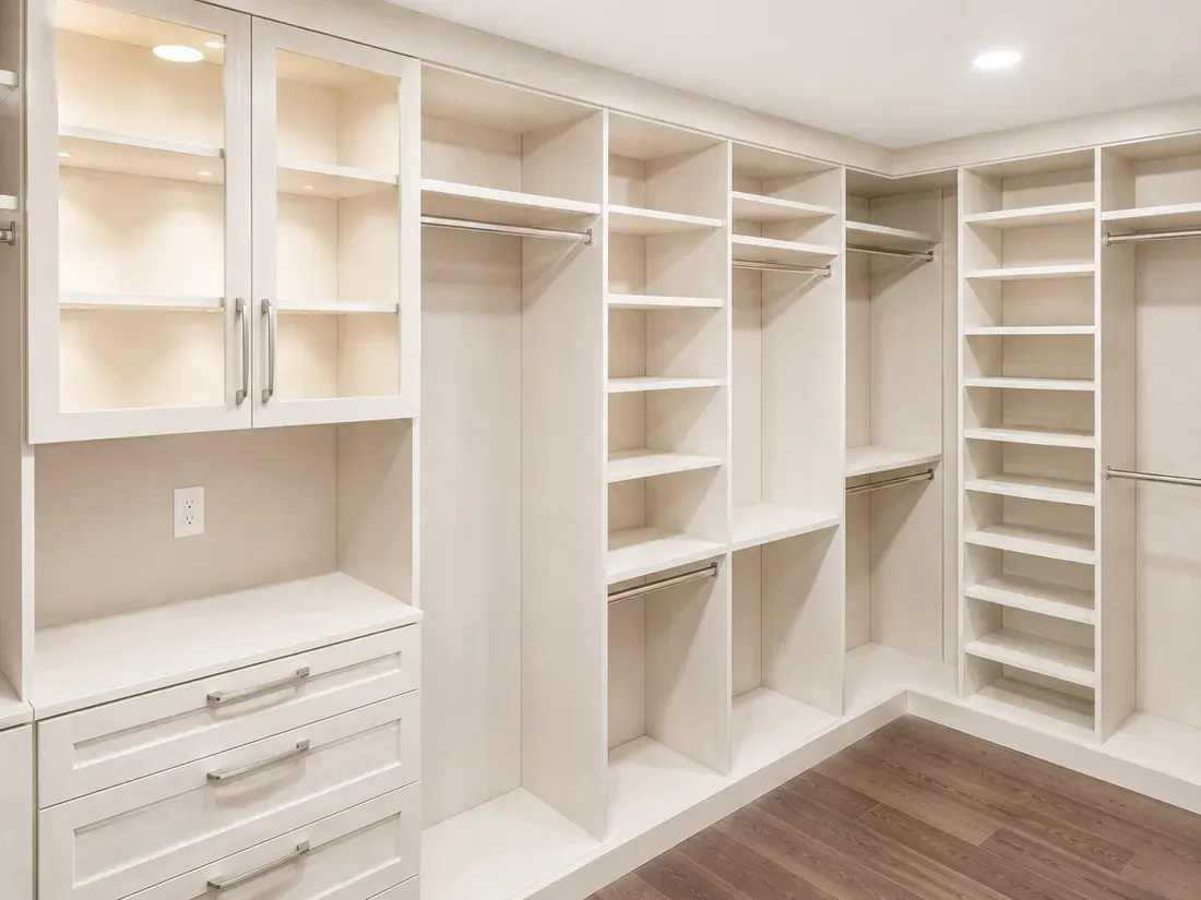 Custom white walk-in closet system with glass-front cabinetry and open shelving in Sarasota, FL