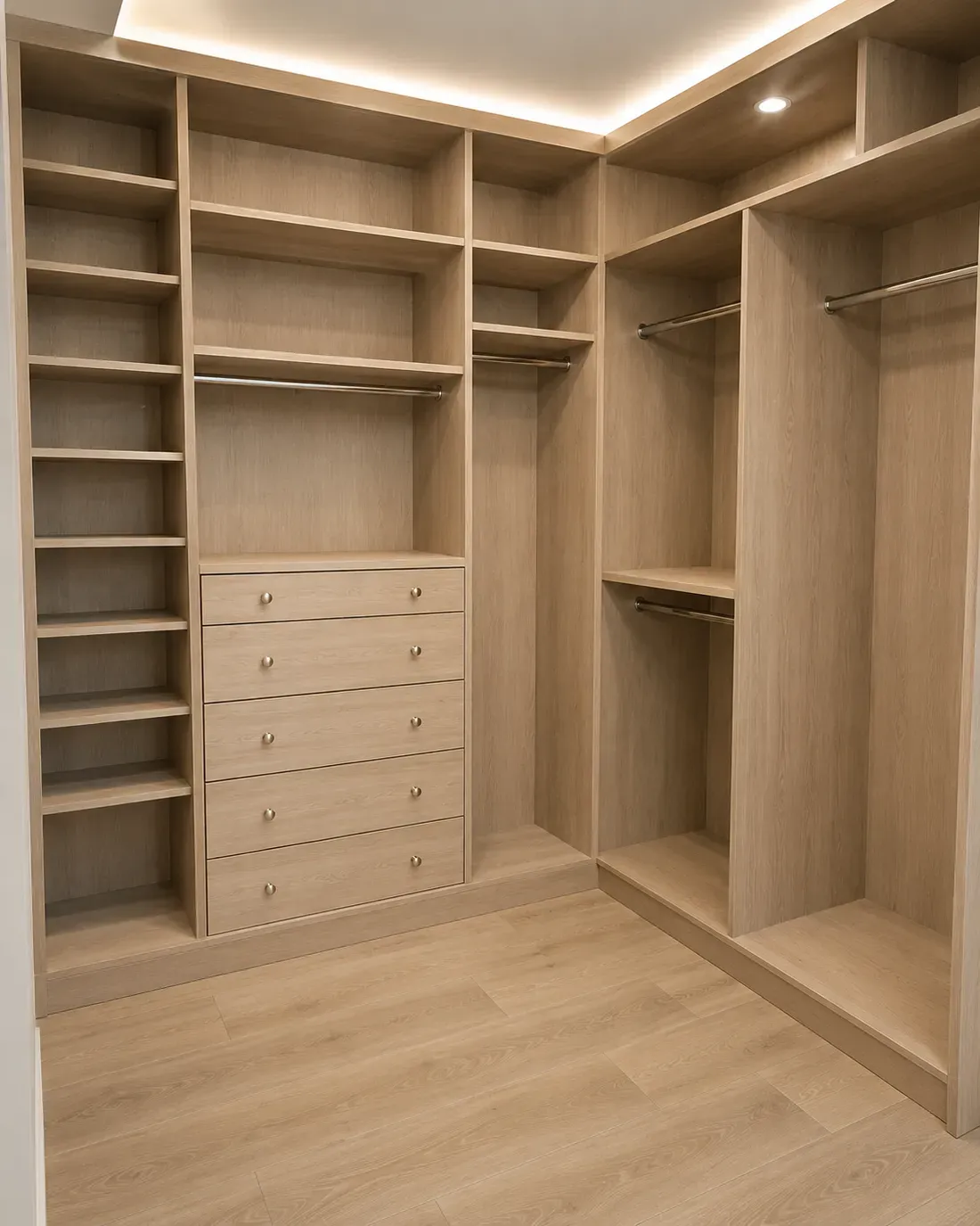 Custom walk-in closet system with light-wood shelving and LED lighting in Sarasota, FL