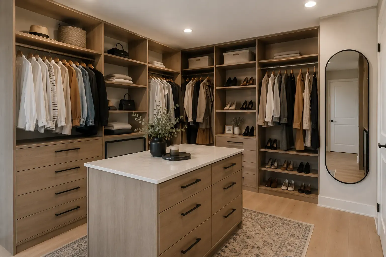 Spacious custom walk-in closet with a center island and full-length mirror in Sarasota, FL