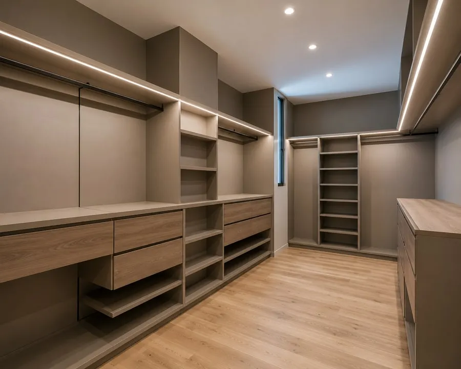 Spacious custom walk-in closet with light-wood shelving, drawers and LED lighting by Makiry Group in Sarasota, FL