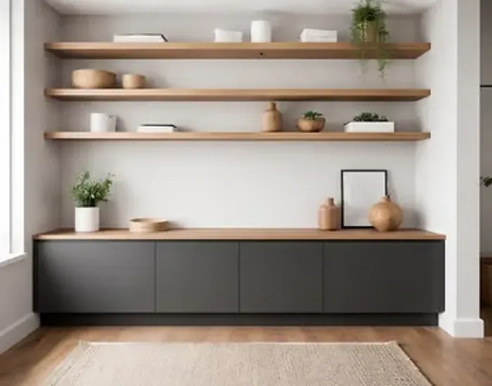 Custom floating wood shelving on a feature wall in Sarasota, FL