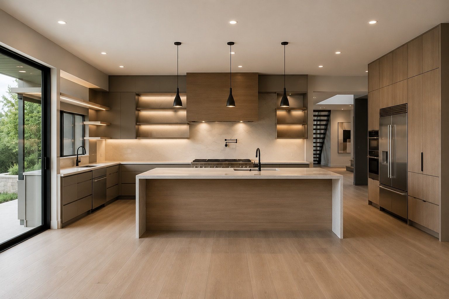 Modern luxury kitchen with custom light-wood cabinetry, a large waterfall island, pendant lighting and floor-to-ceiling windows by Cabinets by Sarasota in Sarasota, FL