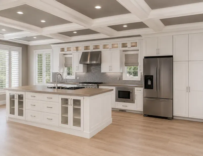 Custom white kitchen cabinet installation with a large island by Makiry Group in Sarasota, FL