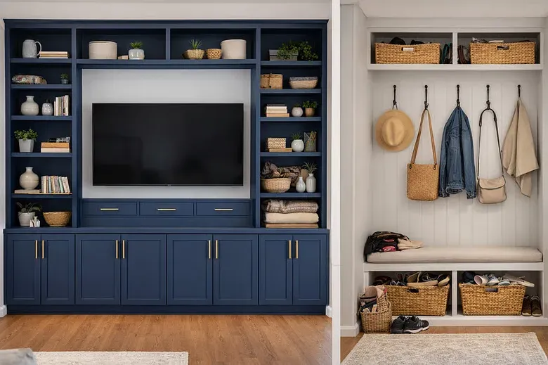 Built-in living room media wall with navy cabinetry and shelving in Sarasota, FL