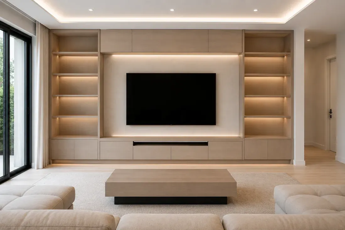 Built-in media wall with light-wood cabinetry and backlit shelving in Sarasota, FL