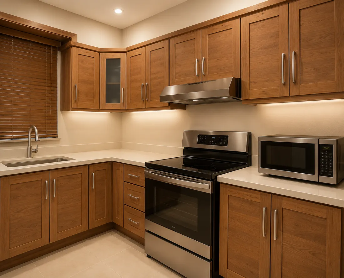 Custom warm-wood kitchen cabinetry with under-cabinet lighting and built-in storage by Makiry Group in Sarasota, FL