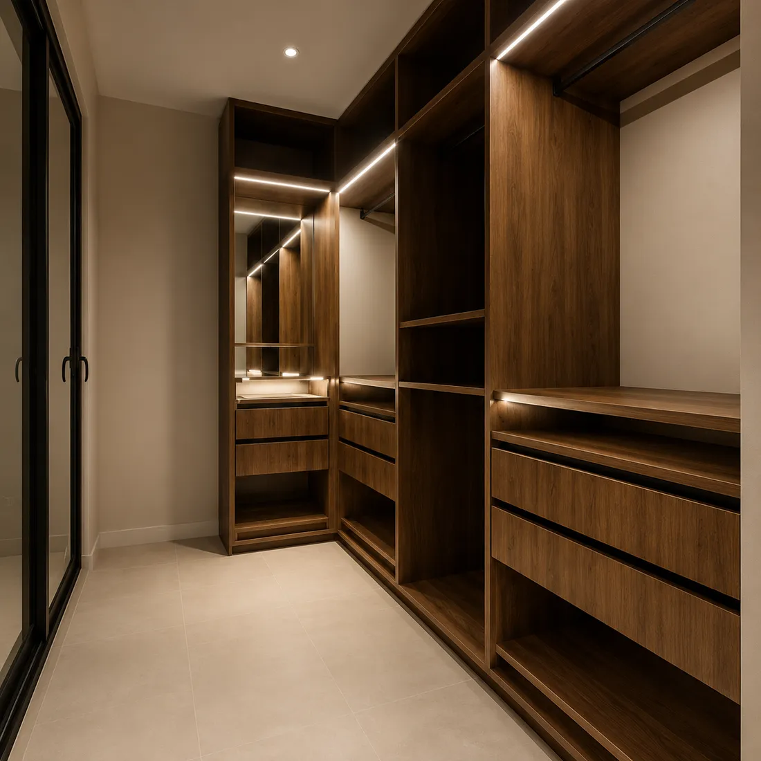 Custom closet shelving and drawer system with warm-wood cabinetry and LED lighting by Makiry Group in Sarasota, FL