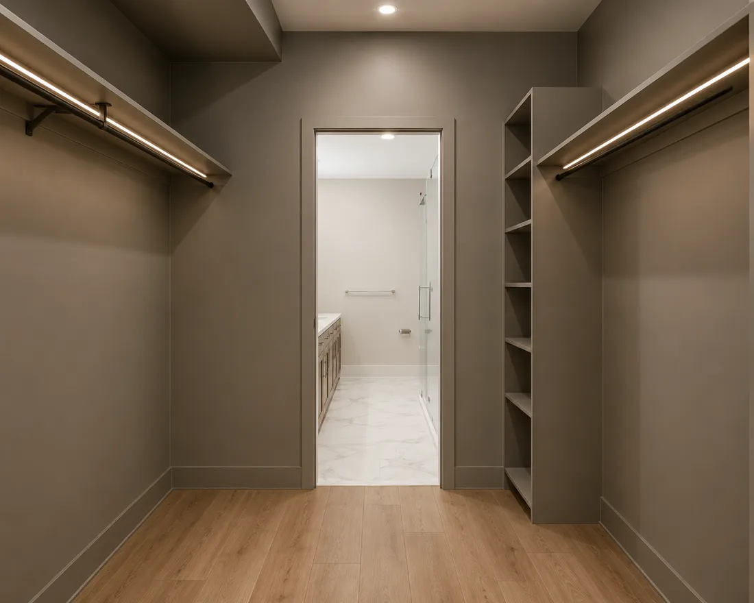 Personalized walk-in closet layout with open shelving and hanging space by Makiry Group in Sarasota, FL