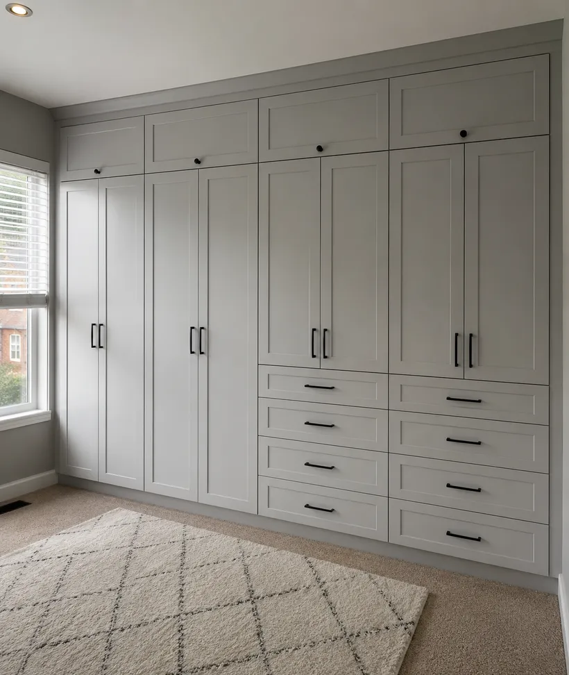 Custom built-in wardrobe closet with gray shaker cabinetry, drawers and black hardware by Makiry Group in Sarasota, FL