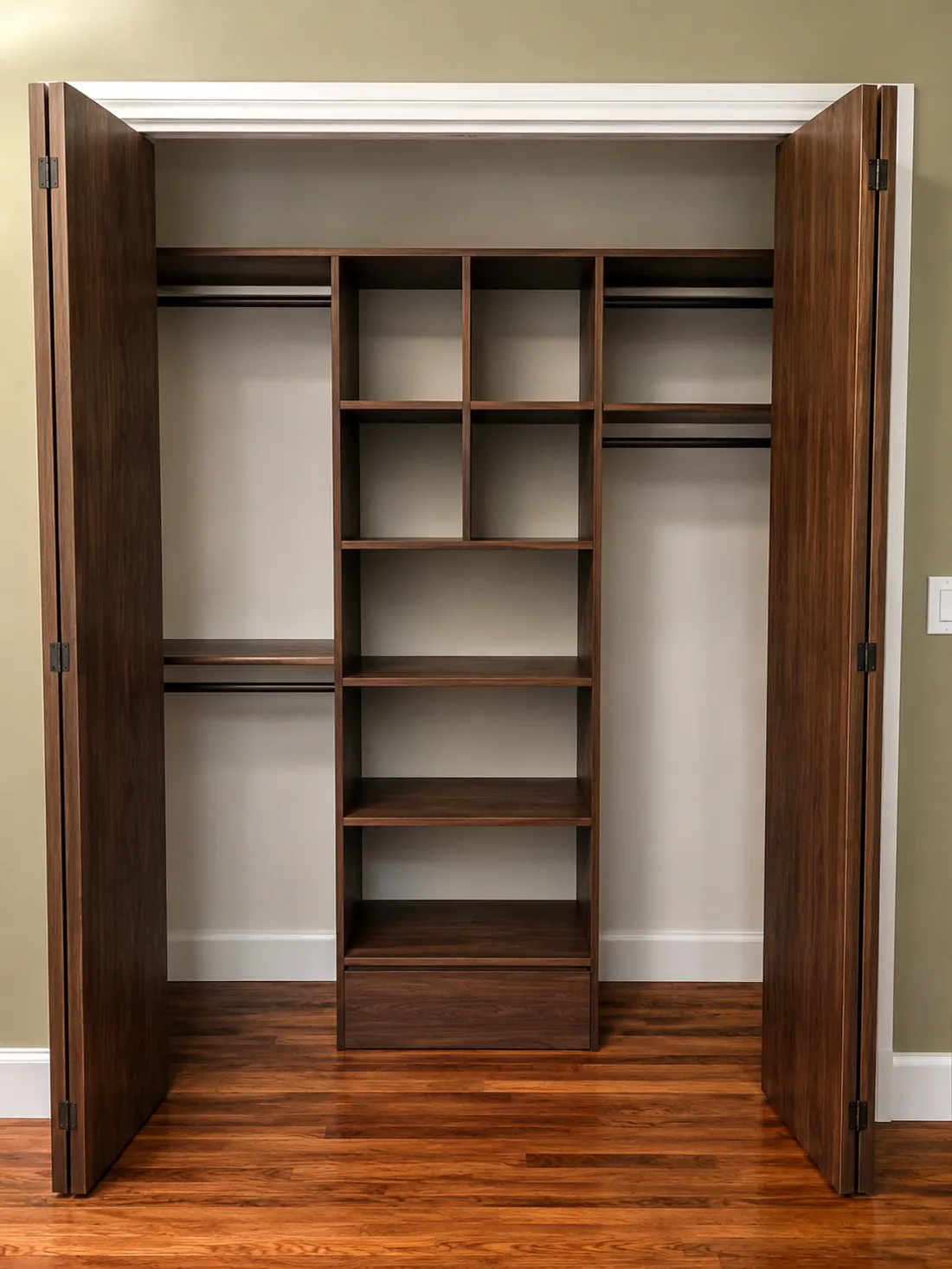 Custom reach-in closet organizer with espresso-wood shelving, hanging rods and drawers by Makiry Group in Sarasota, FL
