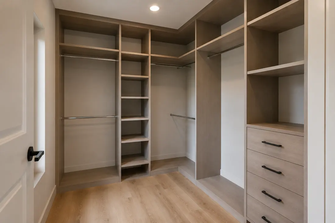 Custom reach-in closet with light-wood shelving, drawers and hanging rods by Makiry Group in Sarasota, FL
