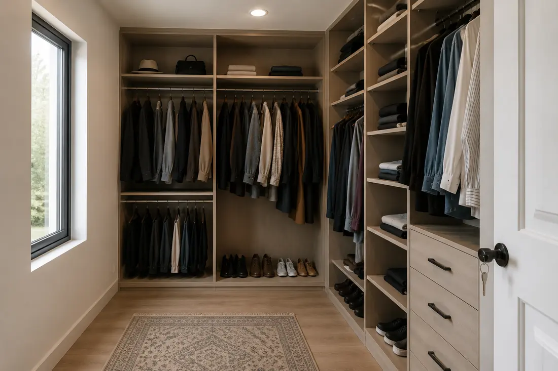 Custom walk-in closet with hanging storage and shelving designed and installed by Makiry Group in Sarasota, FL