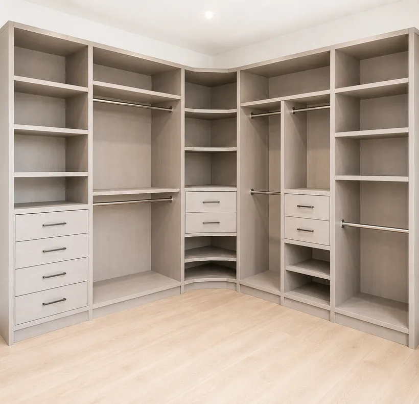 Custom wardrobe storage system with light-wood shelving, hanging rods and drawers by Makiry Group in Sarasota, FL