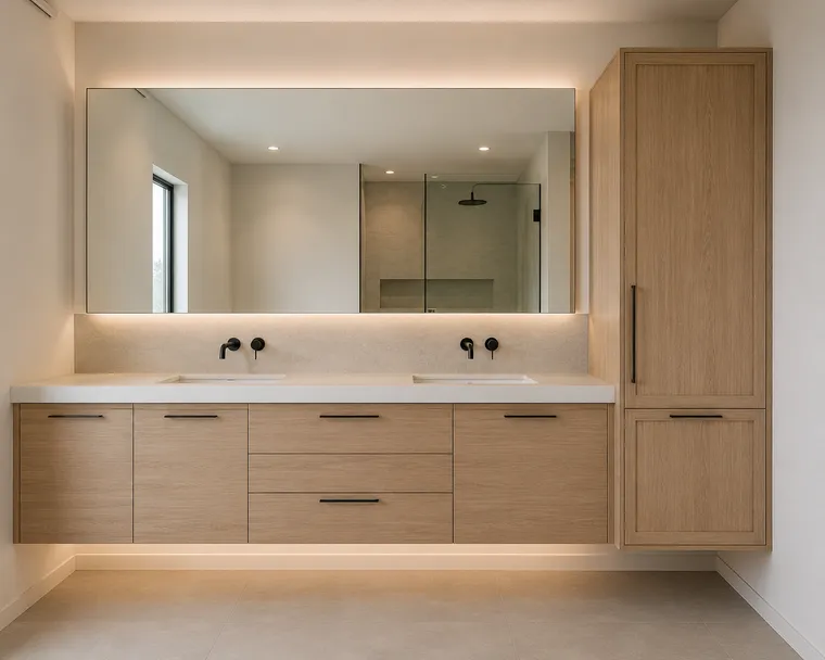 Custom interior carpentry bathroom vanity with light-wood cabinetry, double sinks and a backlit mirror by Makiry Group in Sarasota, FL
