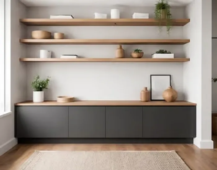 Custom floating wood shelving system on a feature wall by Makiry Group in Sarasota, FL