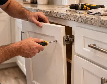 Technician repairing a white cabinet door hinge in Sarasota, FL