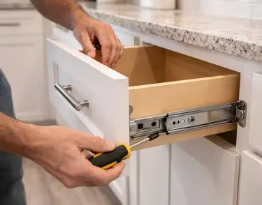 Technician adjusting a cabinet drawer slide during a repair in Sarasota, FL