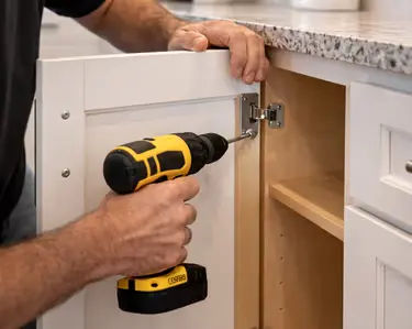 Technician using a drill to repair cabinet structure in Sarasota, FL