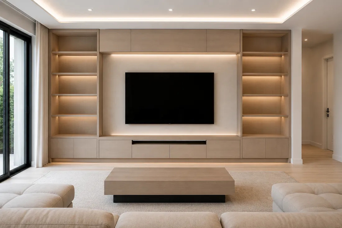 Built-in media wall with light-wood cabinetry and backlit shelving in Sarasota, FL